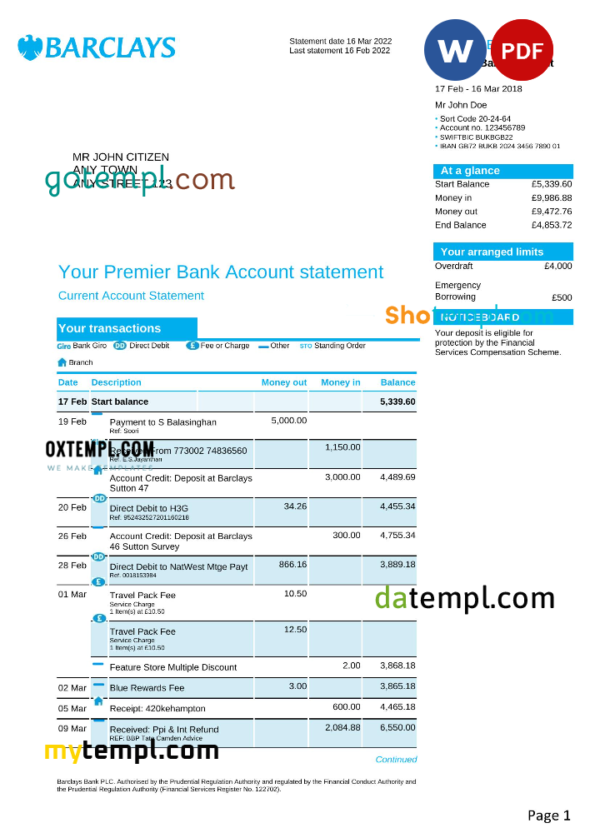United Kingdom Barclays bank statement, Word and PDF template, 4 pages, version 2
