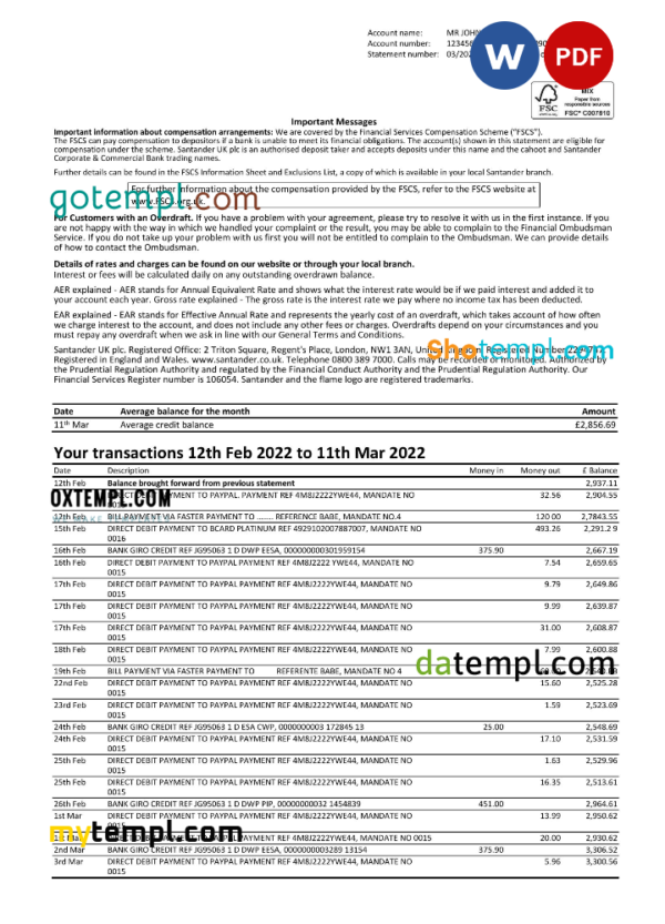 United Kingdom Santander bank statement, Word and PDF template, 3 pages