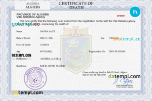 Algeria vital record death certificate PSD template, fully editable
