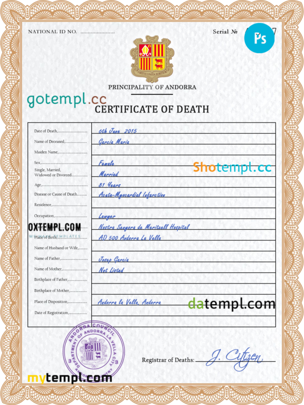Andorra death certificate PSD template, completely editable