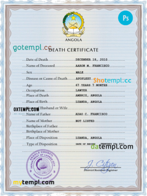 Angola vital record death certificate PSD template, completely editable