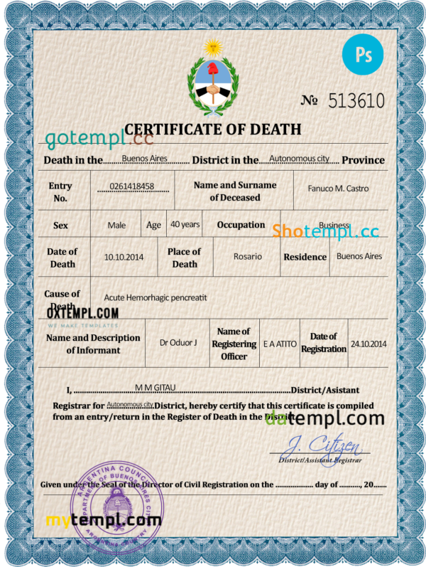 Argentina death certificate PSD template, completely editable