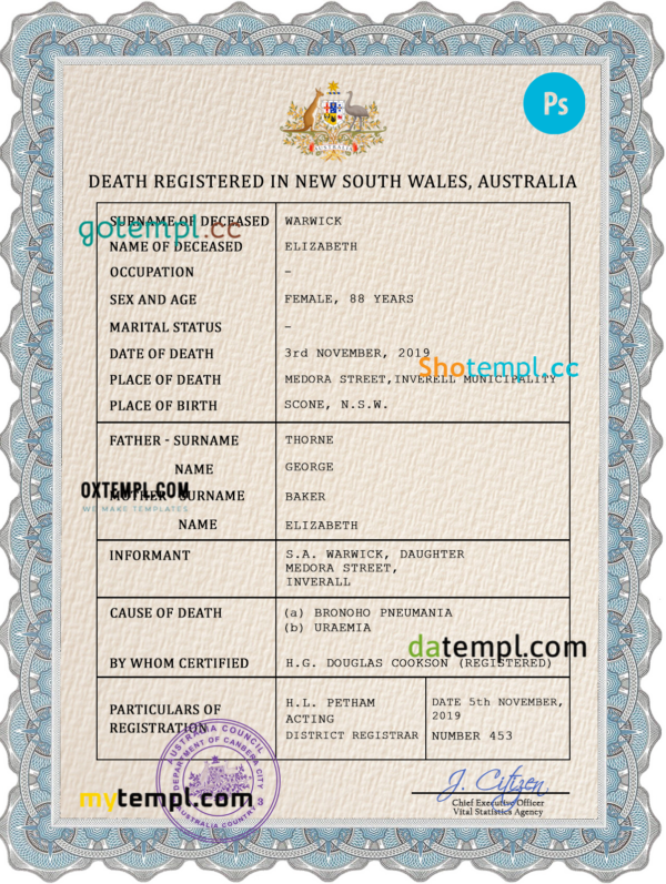 Australia vital record death certificate PSD template, fully editable