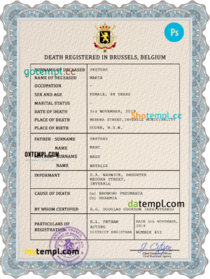 Belgium vital record death certificate PSD template