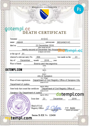 Bosnia and Herzegovina vital record death certificate PSD template, completely editable