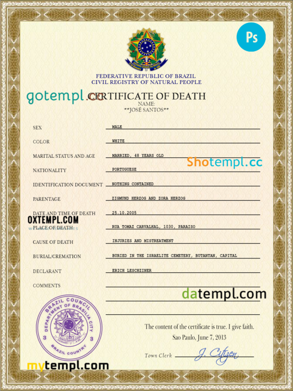 Brazil death certificate PSD template, completely editable