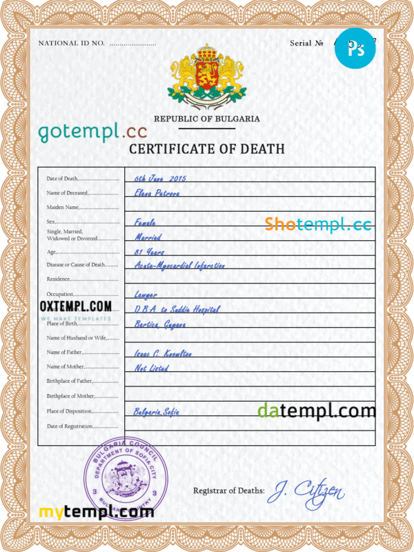 Bulgaria death certificate PSD template, completely editable