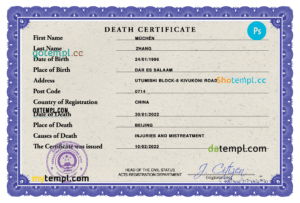China death certificate PSD template, completely editable