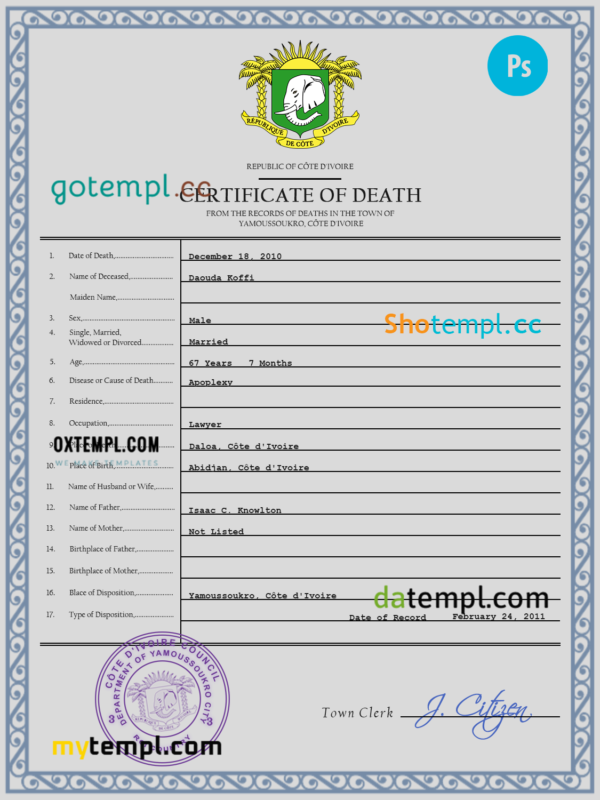 Côte d'Ivoire vital record death certificate PSD template, fully editable