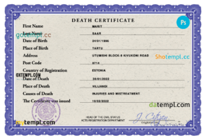 Estonia death certificate PSD template, completely editable