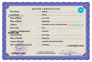 Hungary vital record death certificate PSD template