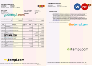 India IDFC bank statement Word and PDF template, 2 pages, version 2