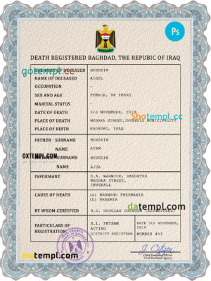 Iraq vital record death certificate PSD template