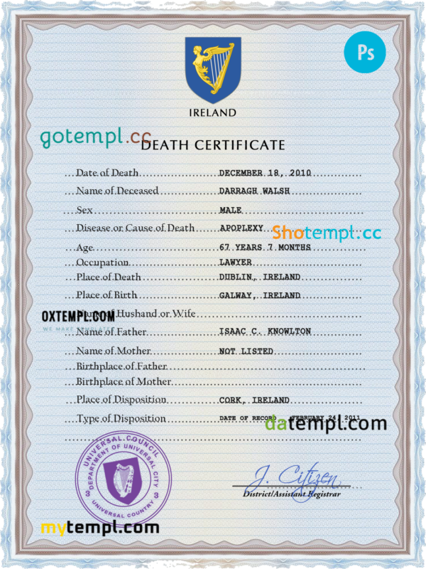 Ireland vital record death certificate PSD template, completely editable