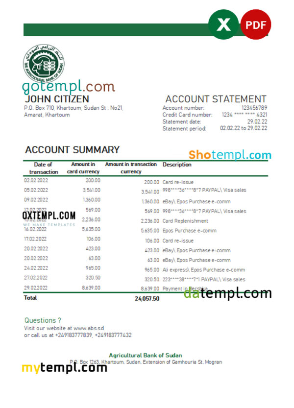 Sudan Agricultural Bank of Sudan bank statement, Excel and PDF template