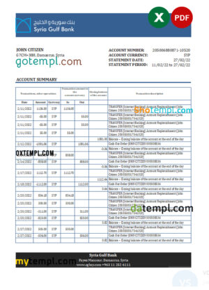 Syria Gulf bank statement, Excel and PDF template