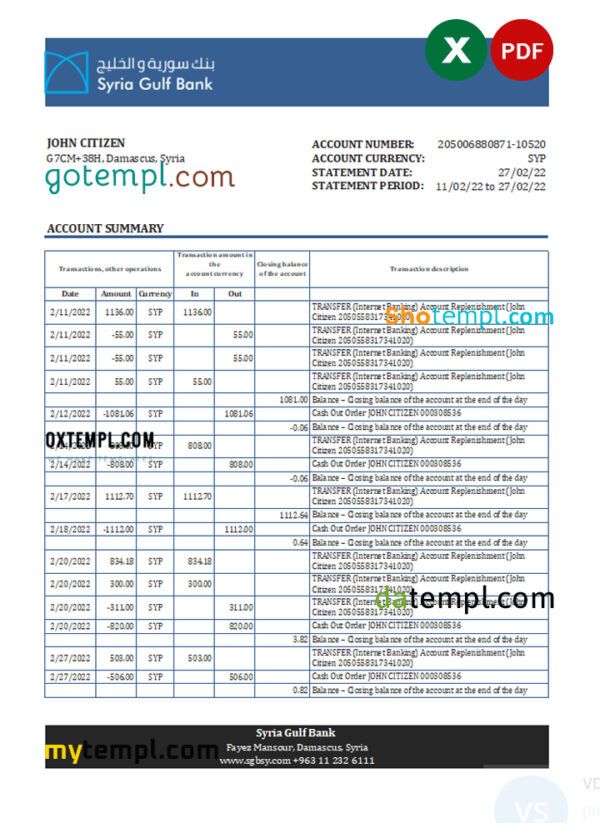 Syria Gulf bank statement, Excel and PDF template