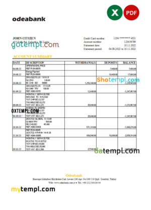 Turkey Odeabank bank statement, Excel and PDF template