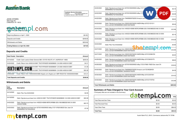 USA Austin bank statement, Word and PDF template, 2 pages