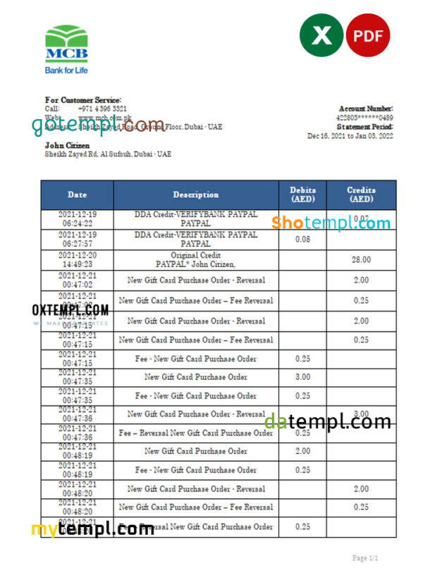 UAE MCB bank statement, Excel and PDF template