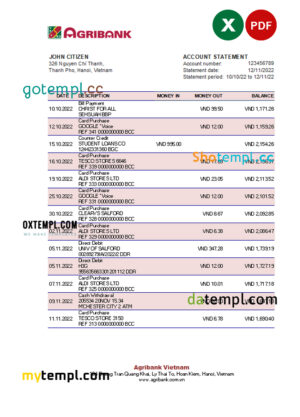 Vietnam Agribank bank statement, Excel and PDF template