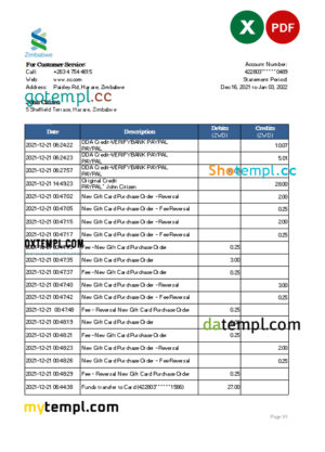 Zimbabwe Standard Chartered bank statement, Excel and PDF template