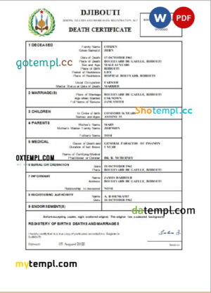 Djibouti death certificate Word and PDF template, completely editable
