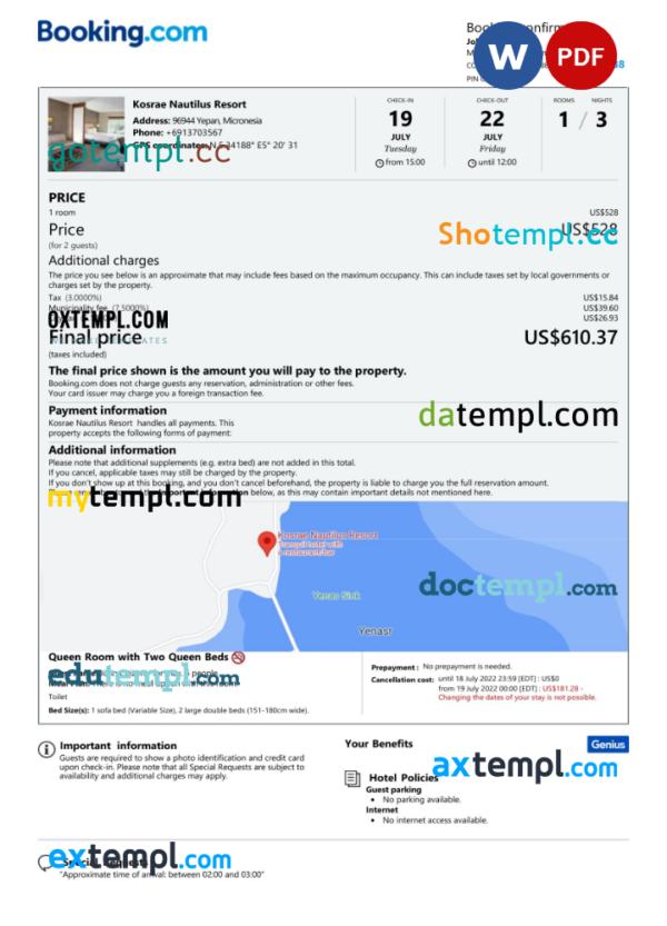 Micronesia hotel booking confirmation Word and PDF template, 2 pages
