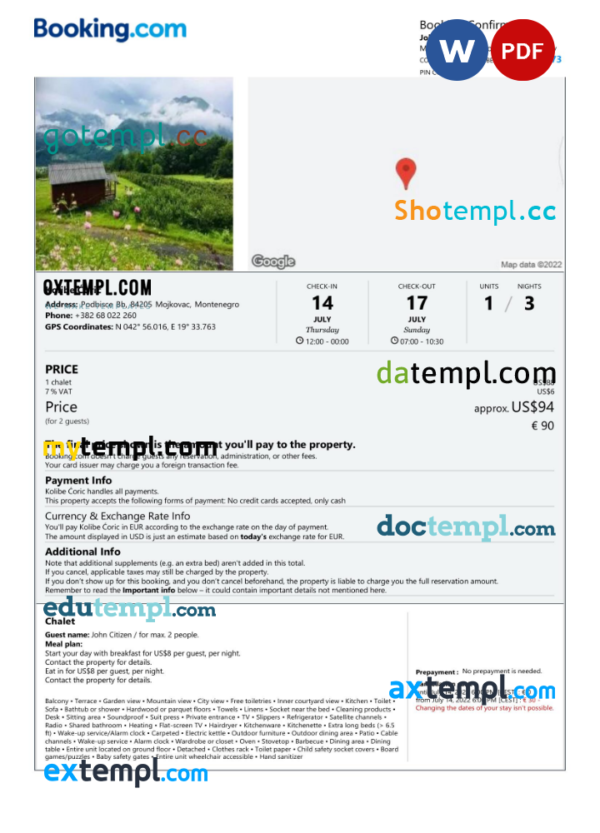 Montenegro hotel booking confirmation Word and PDF template, 2 pages