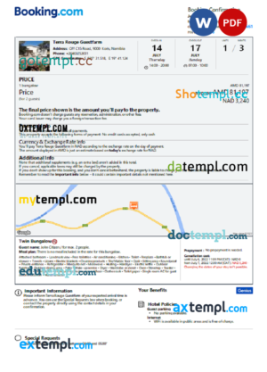 Namibia hotel booking confirmation Word and PDF template, 2 pages