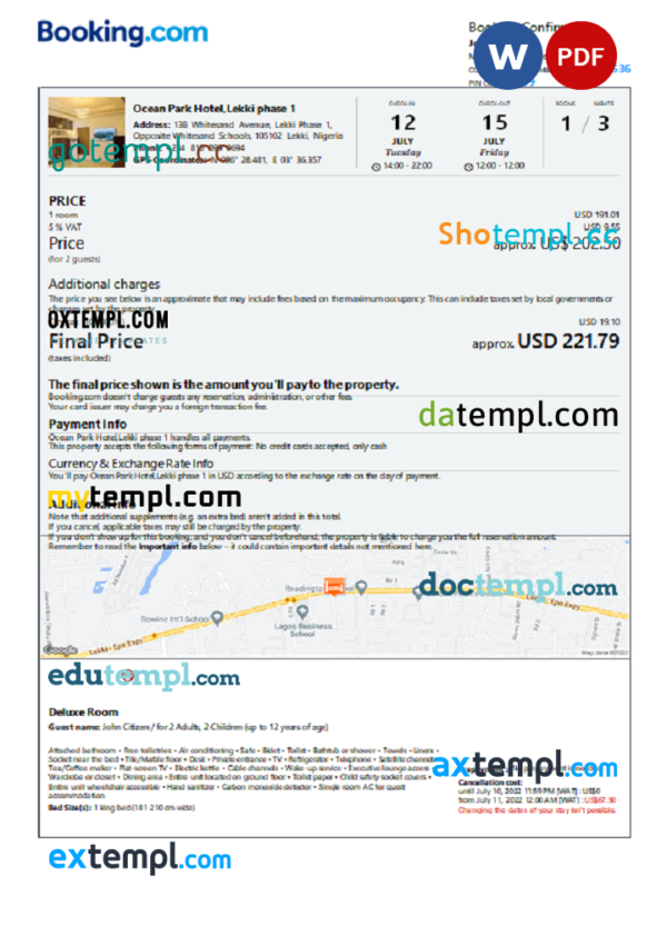 Nigeria hotel booking confirmation Word and PDF template, 2 pages