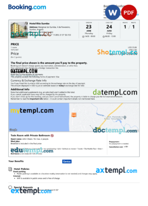 Angola hotel booking confirmation Word and PDF template, 2 pages
