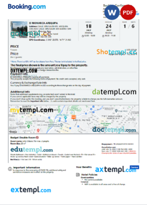 Peru hotel booking confirmation Word and PDF template, 2 pages