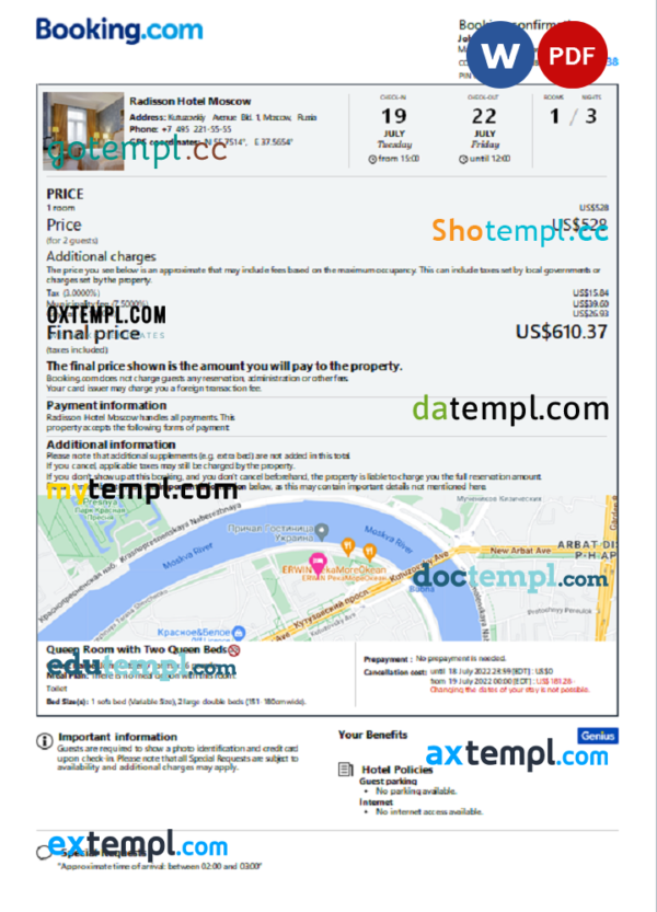 Russia hotel booking confirmation Word and PDF template, 2 pages