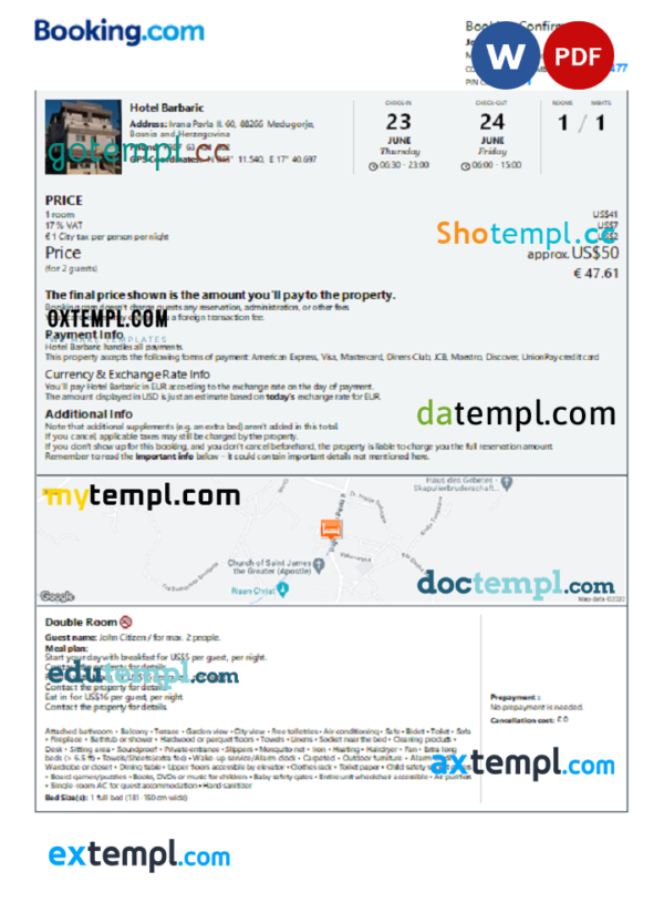 Bosnia and Herzegovina hotel booking confirmation Word and PDF template, 2 pages