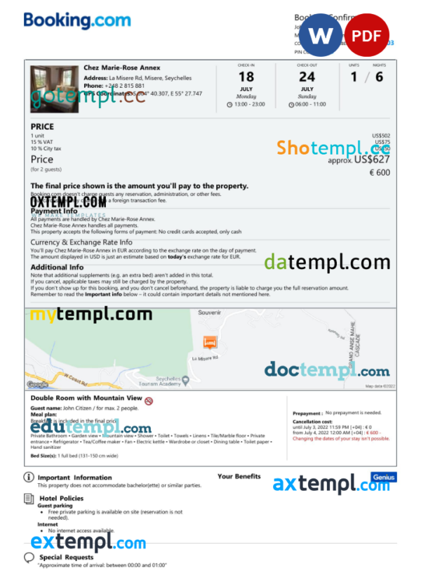 Seychelles hotel booking confirmation Word and PDF template, 2 pages
