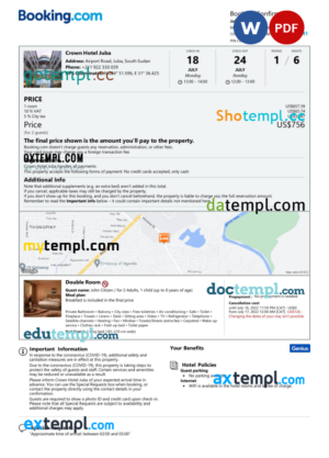 South Sudan hotel booking confirmation Word and PDF template, 2 pages