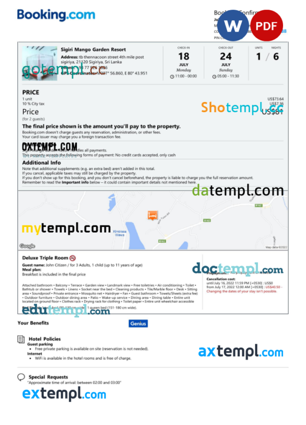 Sri Lanka hotel booking confirmation Word and PDF template, 2 pages