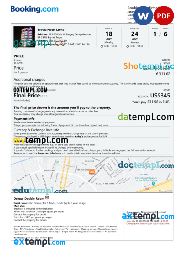 Togo hotel booking confirmation Word and PDF template, 2 pages
