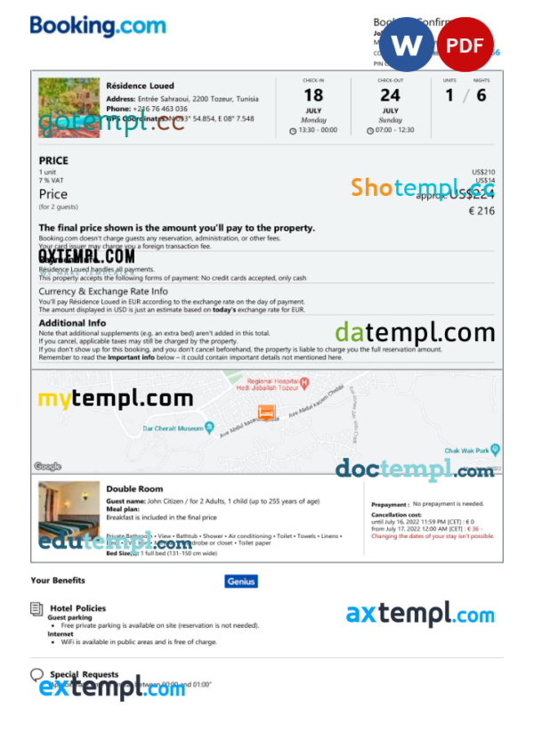 Tunisia hotel booking confirmation Word and PDF template, 2 pages