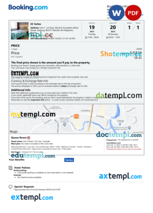 Brunei hotel booking confirmation Word and PDF template, 2 pages