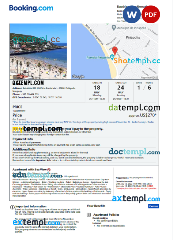 Uruguay hotel booking confirmation Word and PDF template, 2 pages