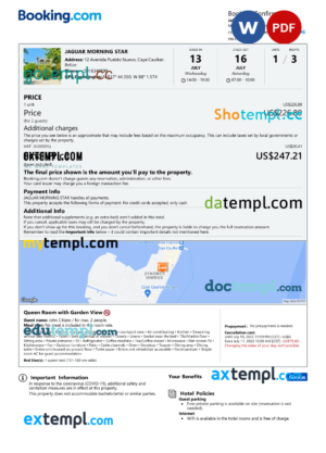 Belize hotel booking confirmation Word and PDF template, 2 pages
