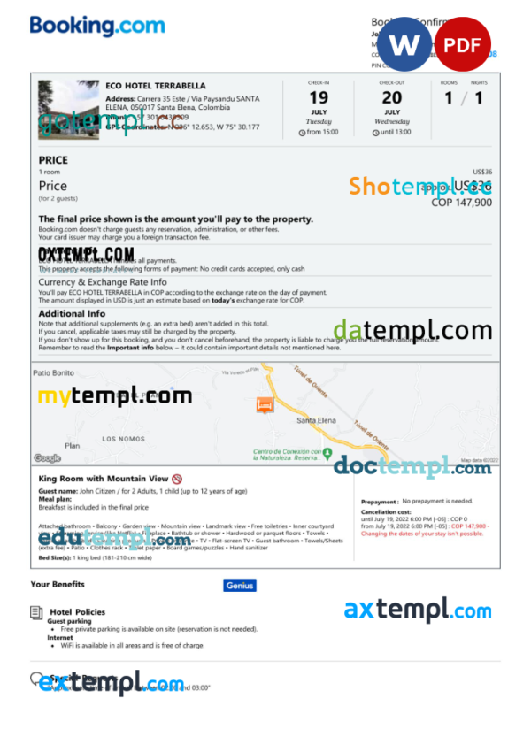 Colombia hotel booking confirmation Word and PDF template, 2 pages