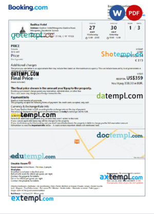 Equatorial Guinea hotel booking confirmation Word and PDF template, 2 pages