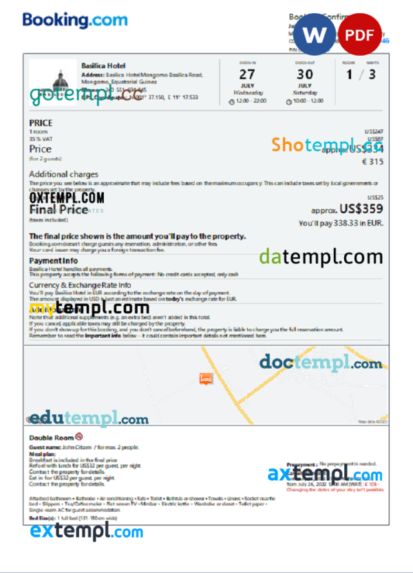 Equatorial Guinea hotel booking confirmation Word and PDF template, 2 pages