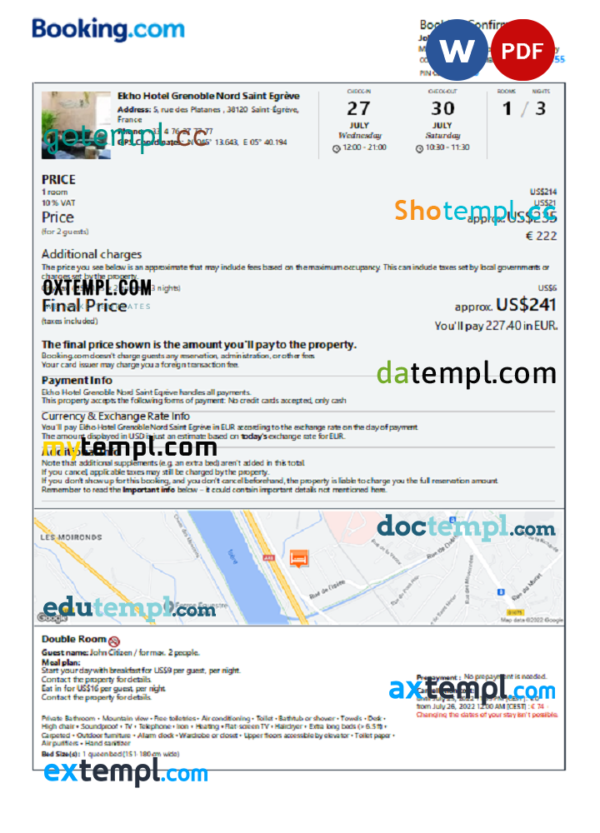 France hotel booking confirmation Word and PDF template, 2 pages