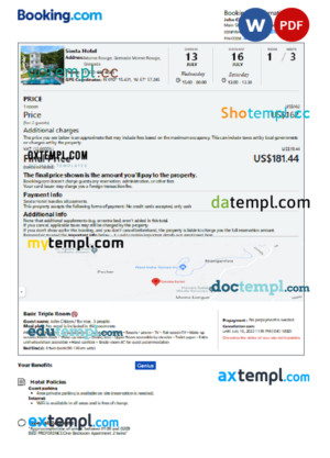 Grenada hotel booking confirmation Word and PDF template, 2 pages