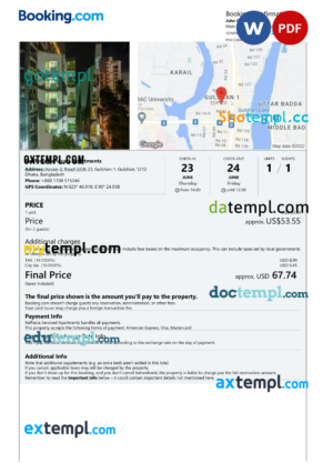 Bangladesh hotel booking confirmation Word and PDF template, 2 pages
