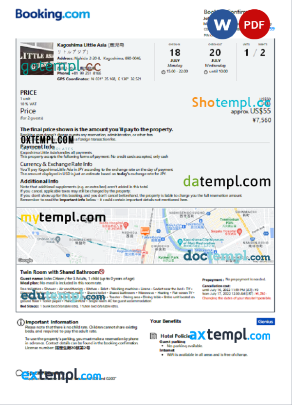 Japan hotel booking confirmation Word and PDF template, 2 pages
